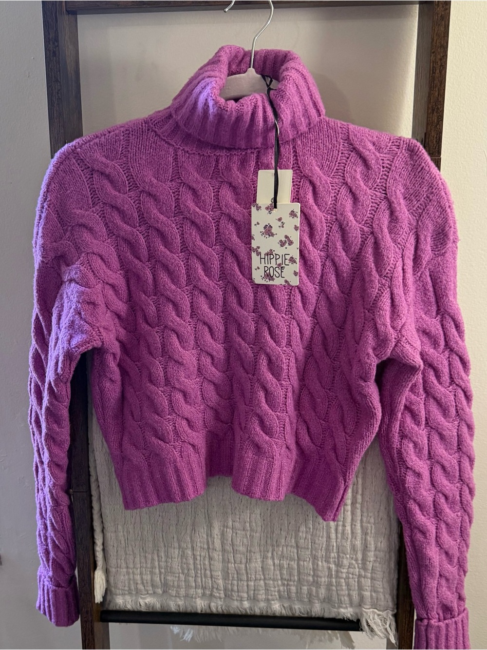 Hippie Rose Violet-Pink Cable Knit Turtleneck Sweater